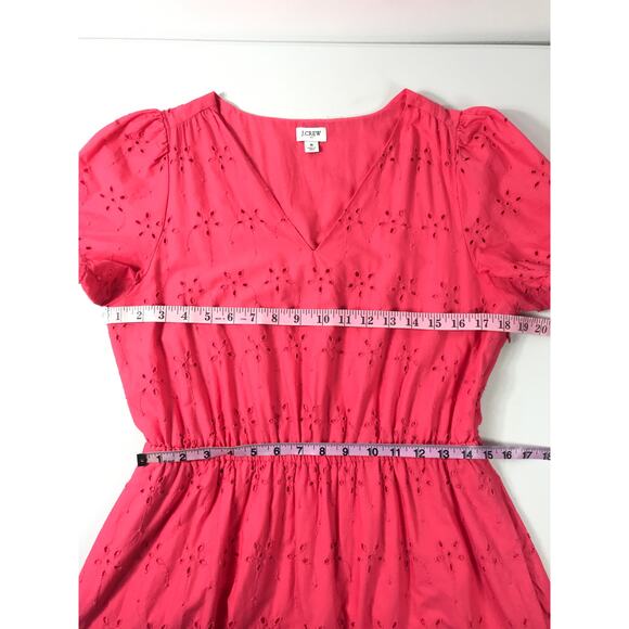 J. Crew Midi Dress Women's 8 Pink V Neck Puff Sleeve Eyelet Tiered Feminine - Picture 12 of 13